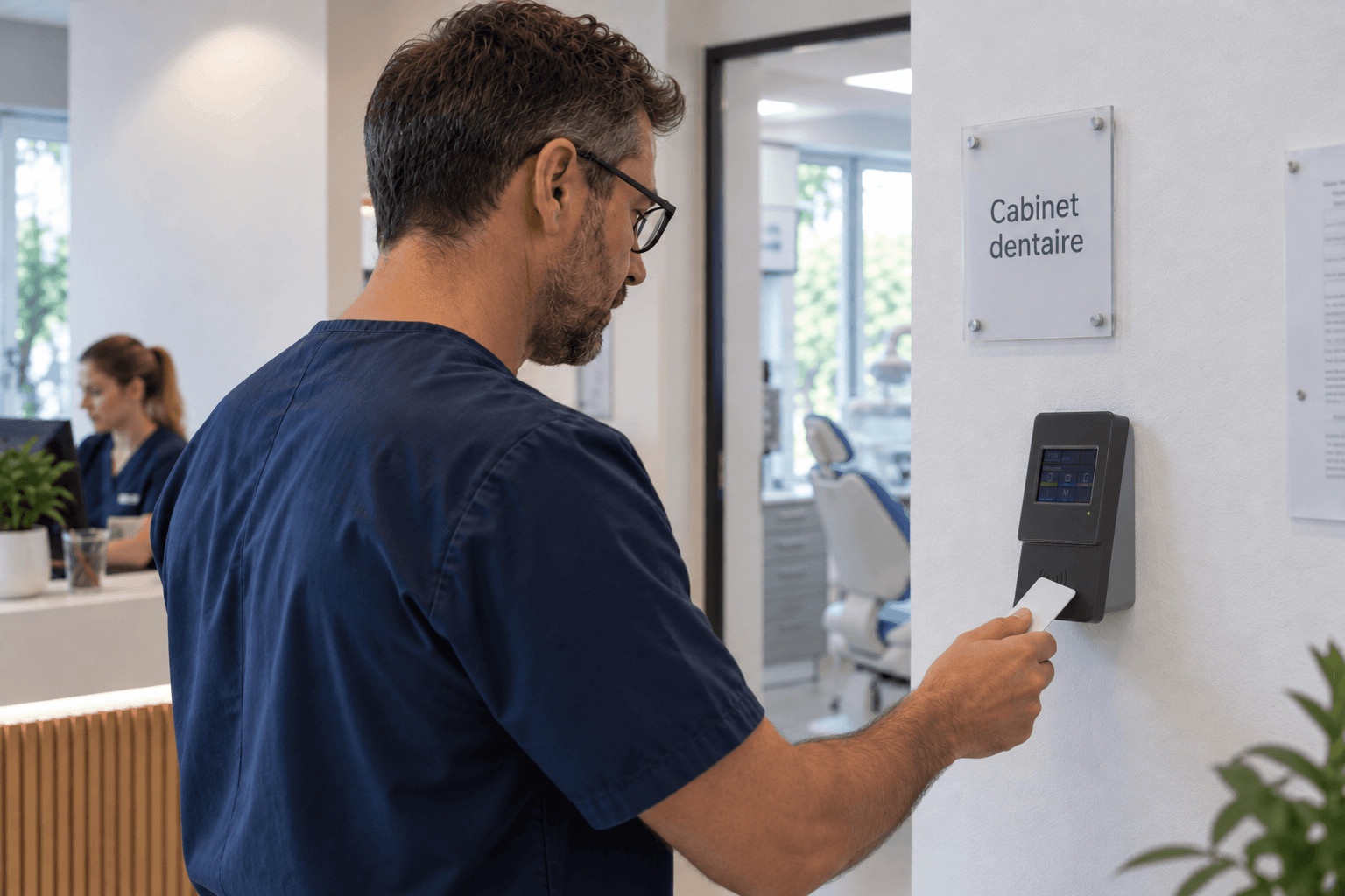 Professionnel de santé utilisant une pointeuse MyTiming dans un cabinet médical ou dentaire