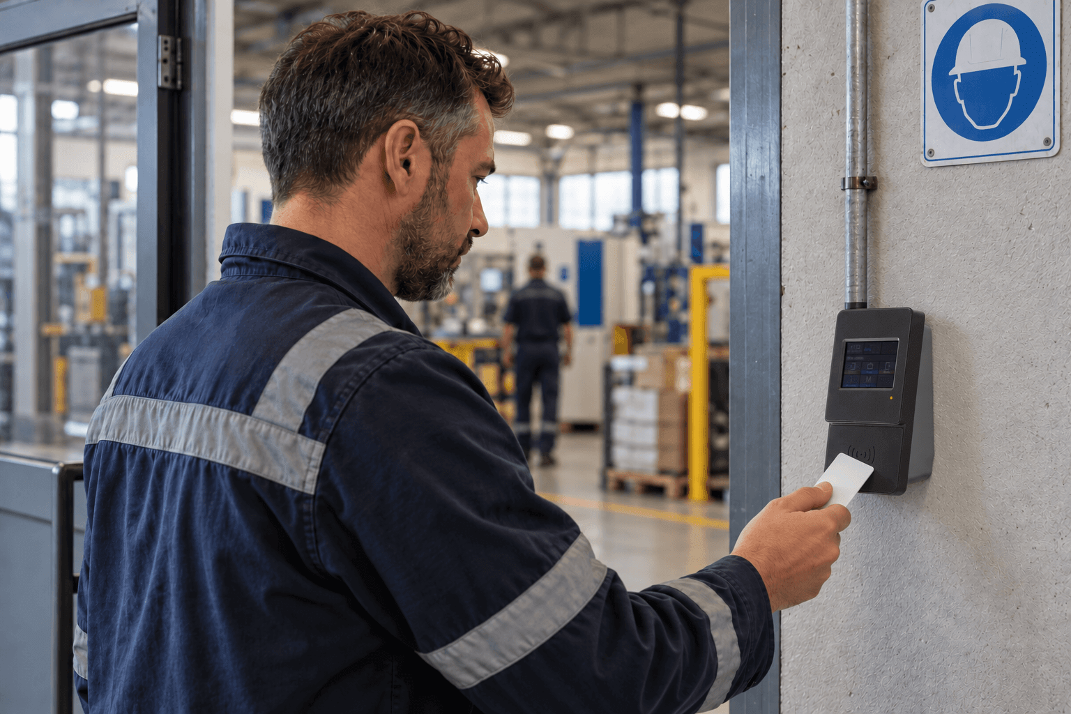 Salarié d’une usine utilisant une pointeuse MyTiming installée dans un environnement industriel